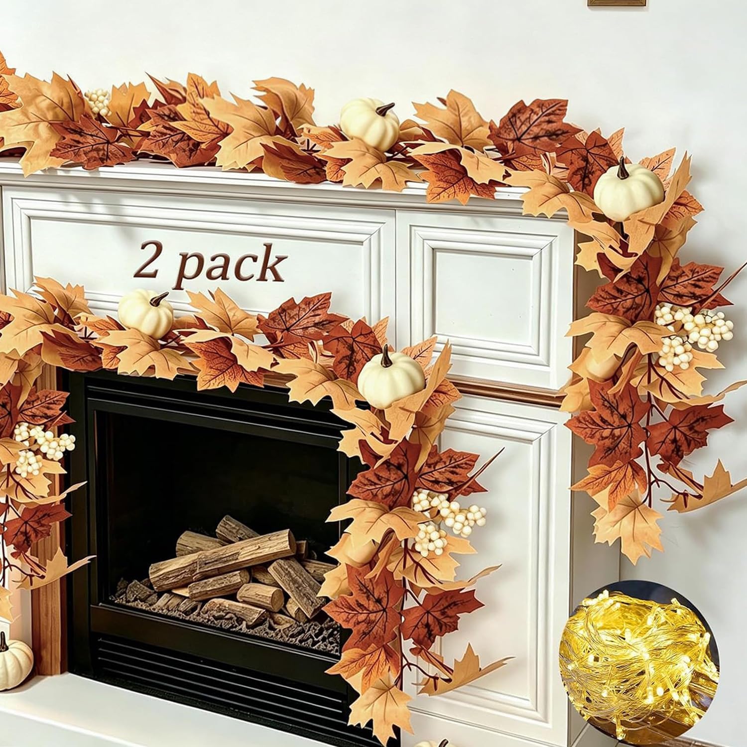 Detalle de Cherica JH012-Brown-4 Fall Garland with Lights, 24 Feet, Brown Maple Leaves