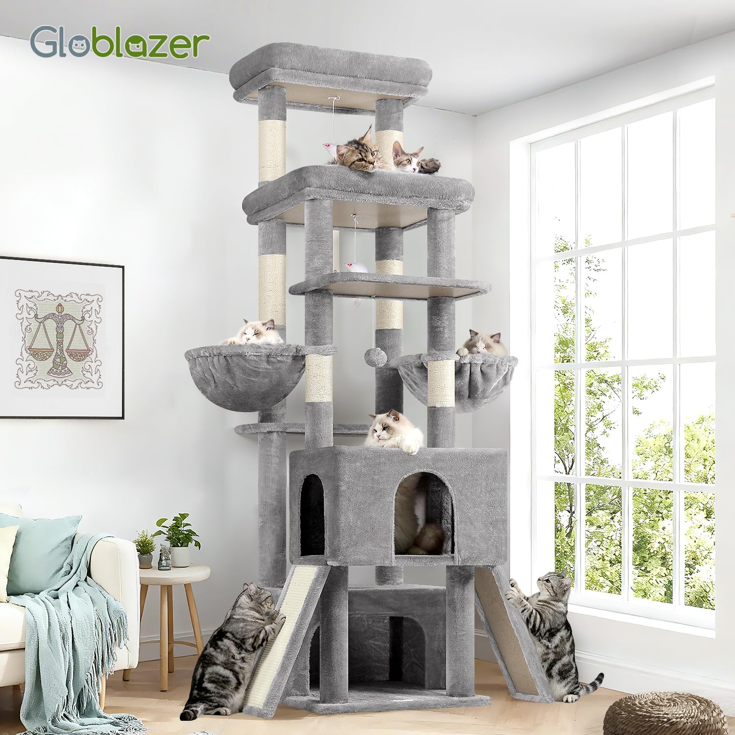 Thumbnail 6 de Globlazer Z78 Cat Tree for Large Cats, 78.35-Inch, 7 Levels, Light Gray