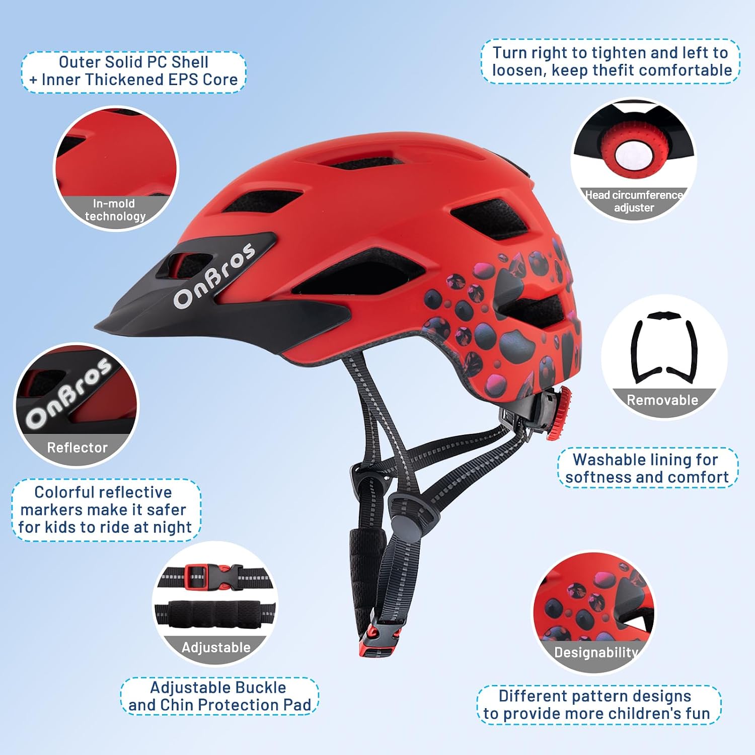 Detalle 2 de OnBros Kinder-Fahrradhelm mit Visier für 5–13 Jahre (50–57 cm) – CE EN1078, leicht & verstellbar