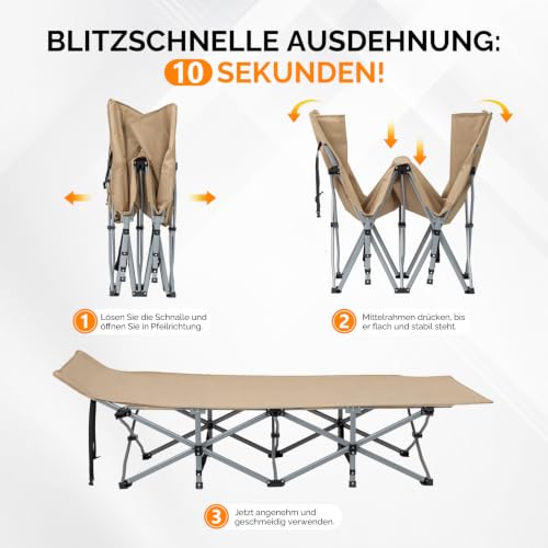 Detalle de Bonnlo Feldbett klappbar mit Matratze – XXL Campingbett 190 x 71 x 36 cm, verstärkte Stahlrohre, Oxford-Gewebe, Braun