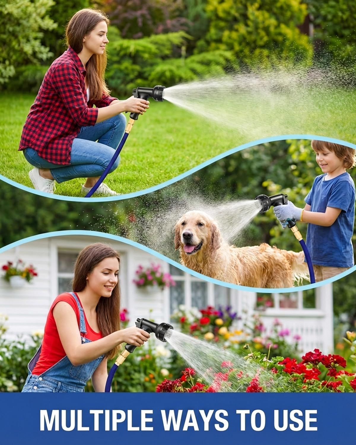 Detalle de Expandable Garden Hose Pipe 100FT/30M with 10-Function Nozzle, 4-Layer Latex, 3/4" & 1/2" Fittings, 3750D Fabric