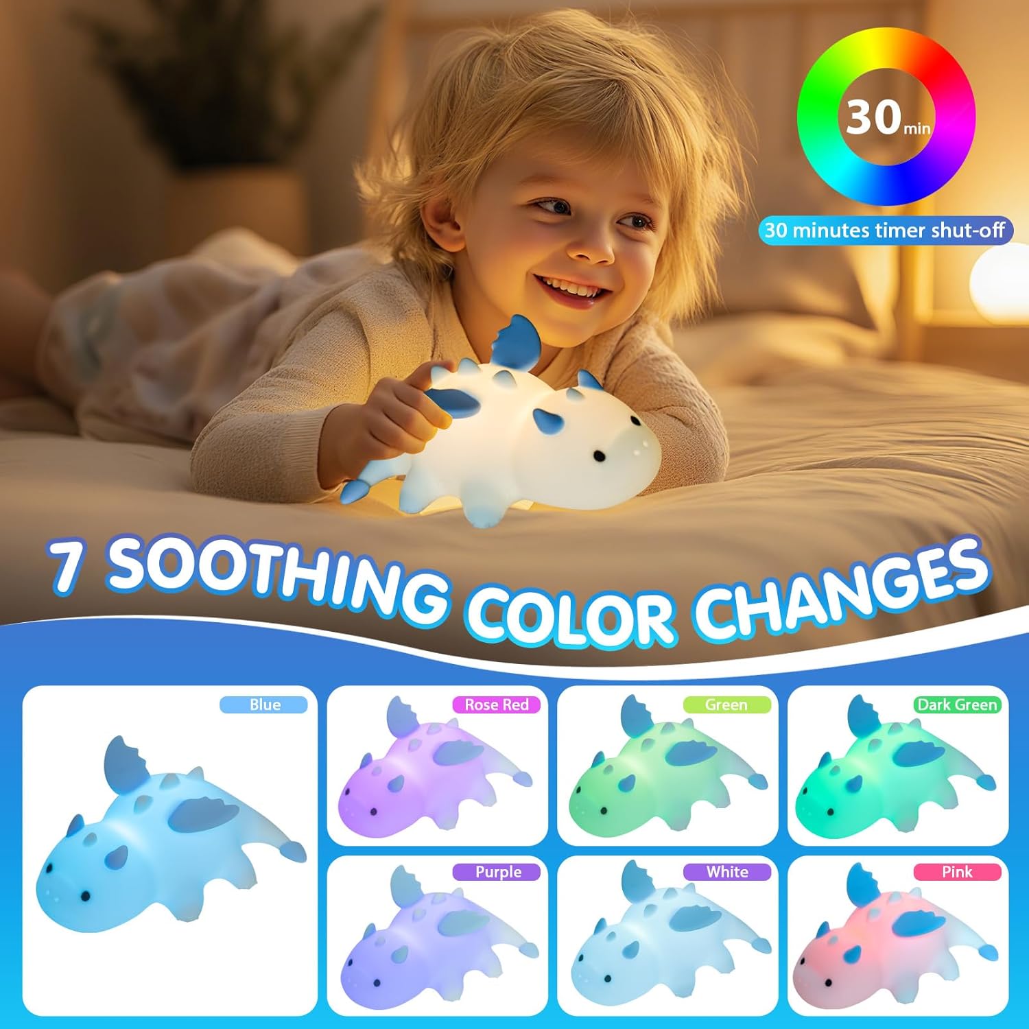 Thumbnail 1 de Drepint Nachtlicht Kinder – Dimmbare Drachen-Nachtlampe aus Silikon, wiederaufladbar, 7 Farben, 3 Helligkeiten, 30-min. Timer