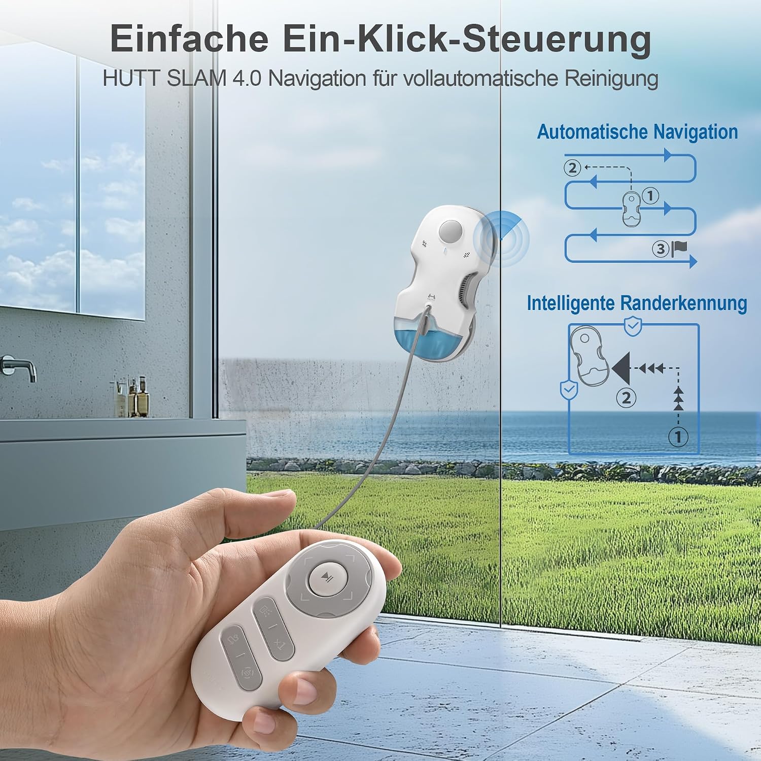 Detalle de HUTT S7 Fensterputzroboter mit aktiver Sprühfunktion – gründliche Reinigung für Fensterflächen