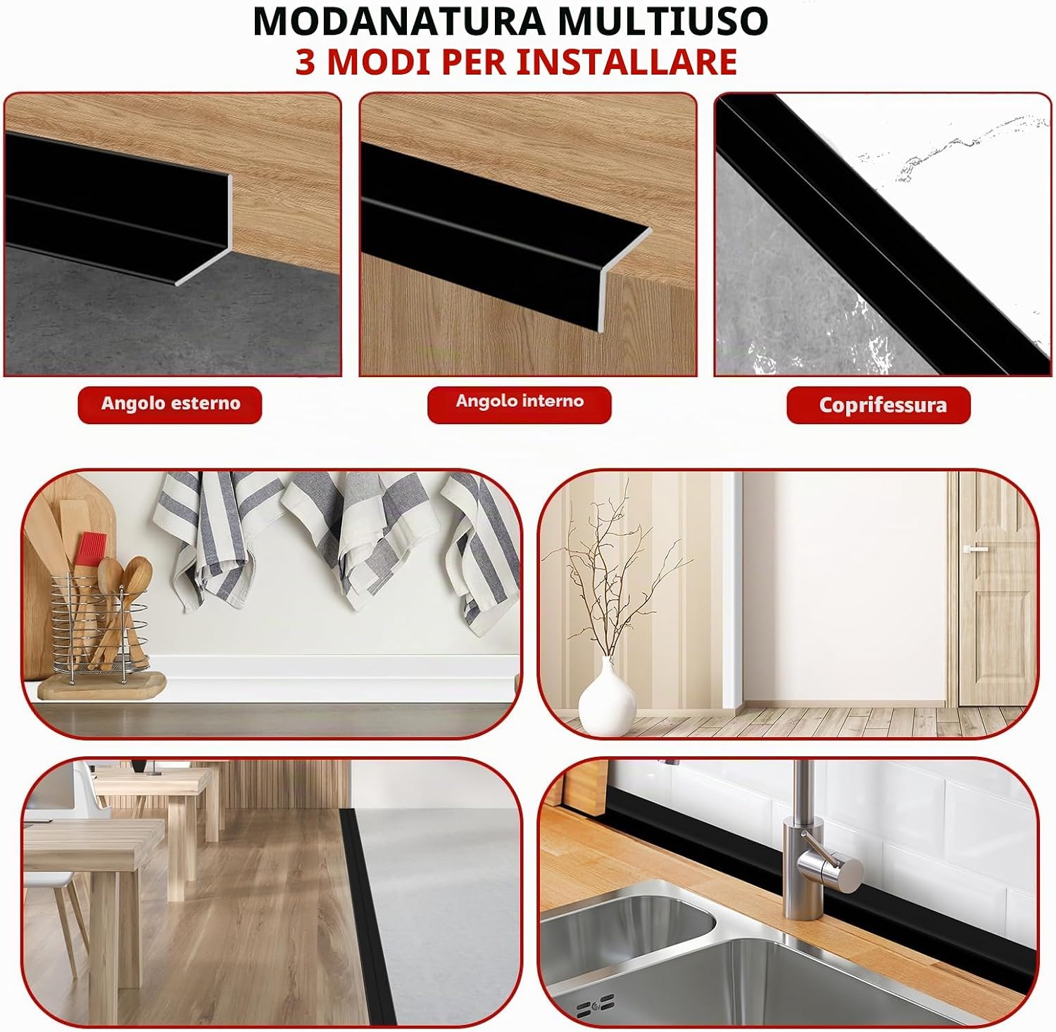 Detalle de Modanatura decorativa autoadesiva Paraspigoli in PVC 4 cm x 4 m — Bianco, angolare interna/estera regolabile