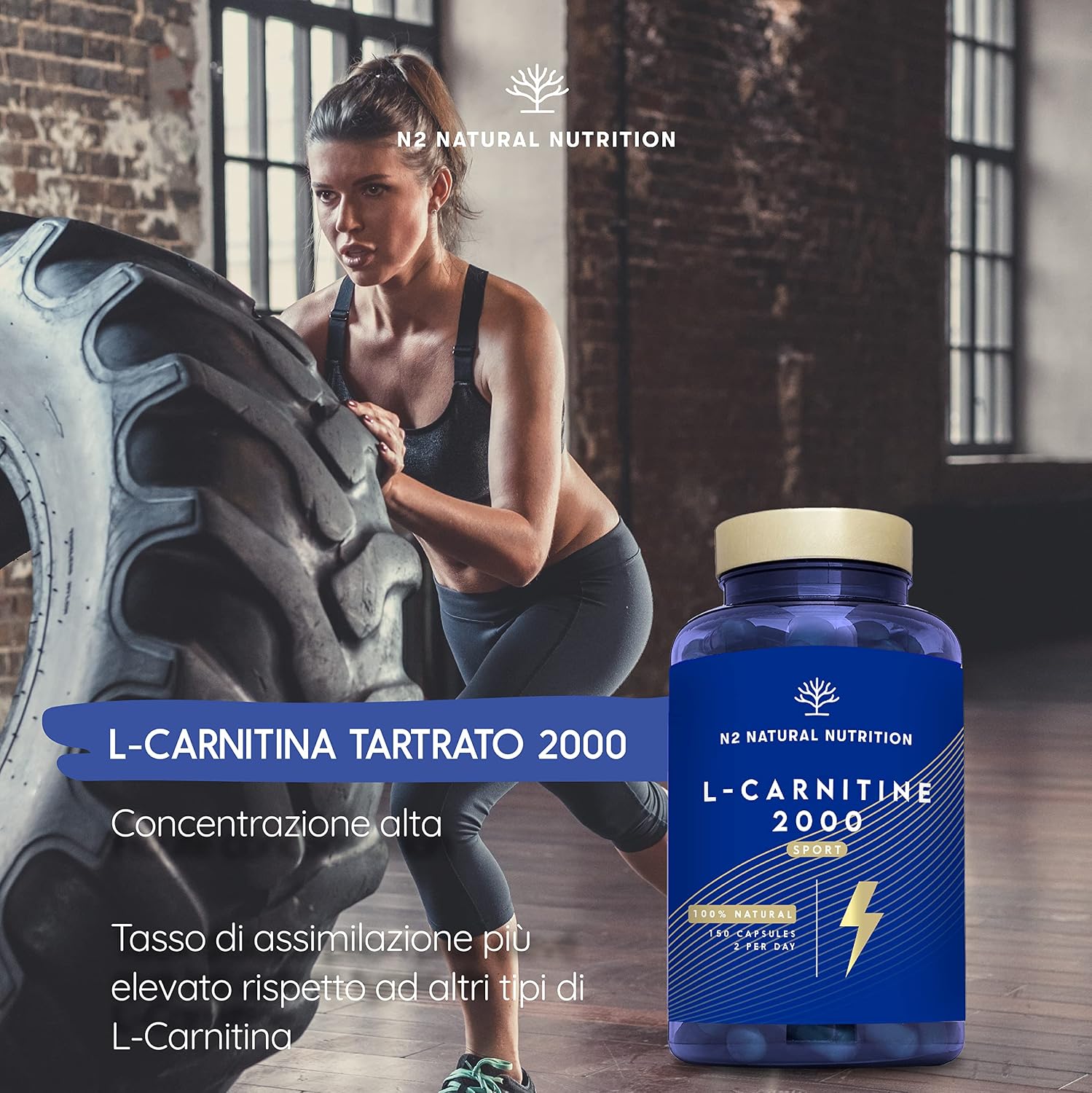 Detalle 2 de L Carnitina 2000 di N2 Natural Nutrition – 150 capsule per 75 giorni: high-dose L-Carnitina tartrato in capsule