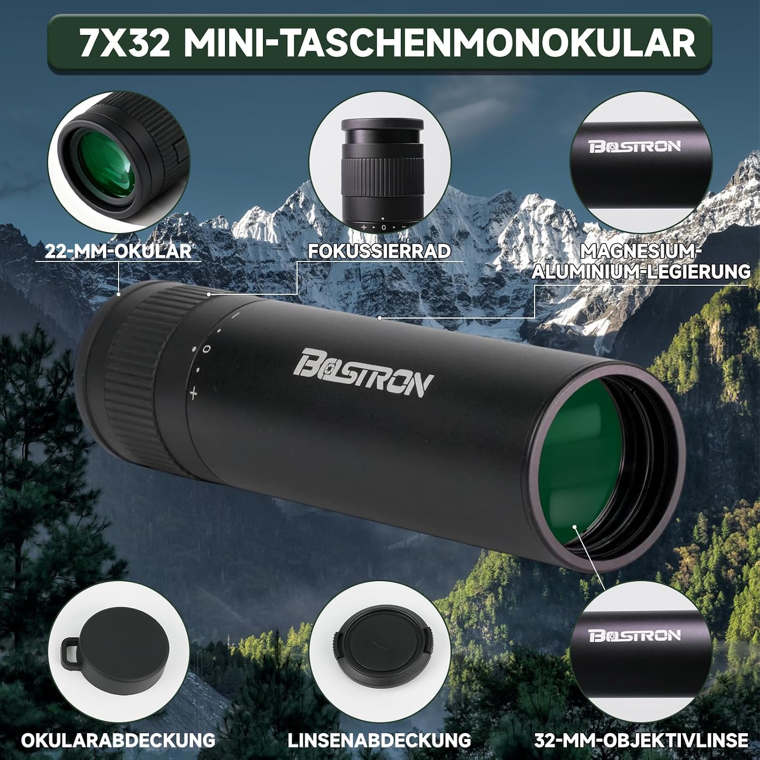 Detalle de BOSTRON 7x32 HD Monokular mit Smartphone-Adapter, wasserdicht & stickstoffgefüllt – 176 m/1000 m Weitwinkel