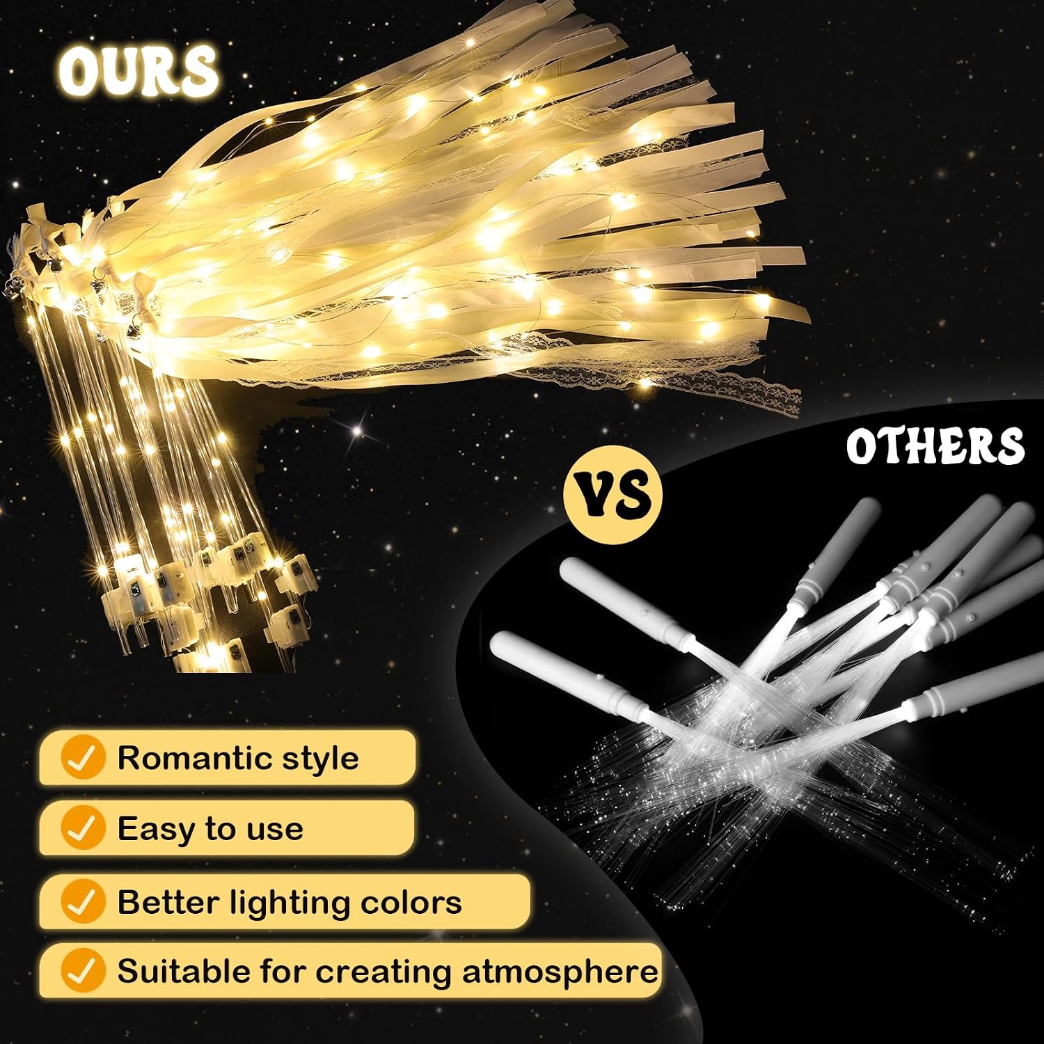 Detalle de 50 Pcs LED Wedding Wands with 3 Flash Modes — Warm White Glow, Ribbons, Bells