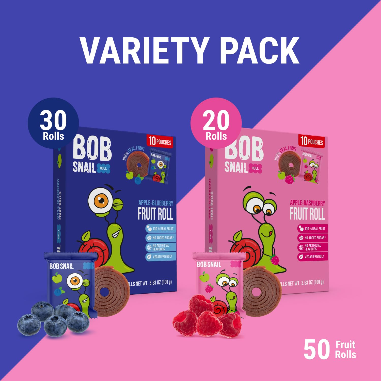 Thumbnail 3 de Bob Snail Blueberry & Raspberry Fruit Rolls, 50 Count, 17.5 oz, No Added Sugar