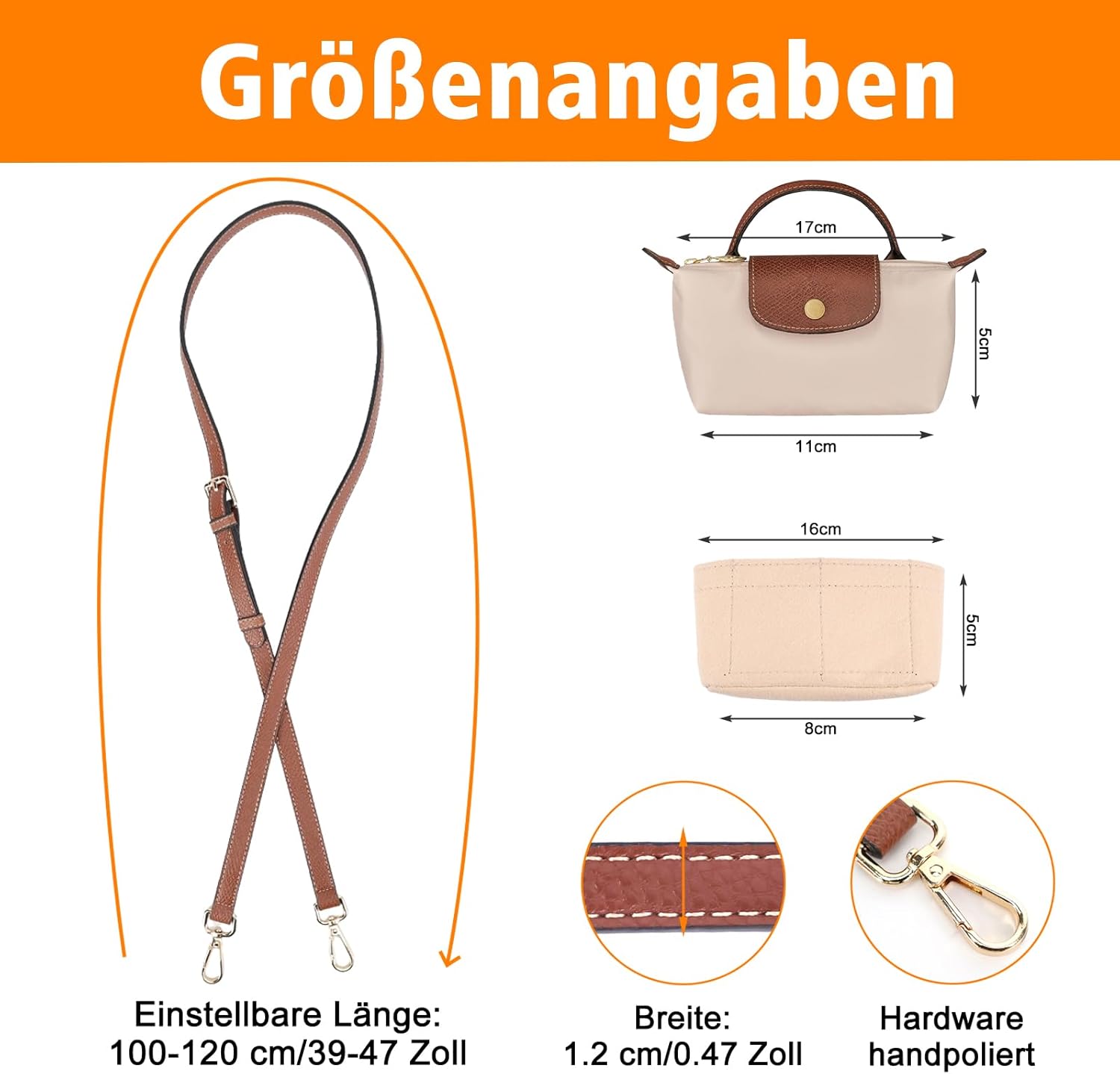 Detalle de GADITIEK Schultergurt-Ersatzriemen für Longchamp Tasche (Mini) – längenverstellbar, Leder, mit Filz-Geldbörsen-Organizer