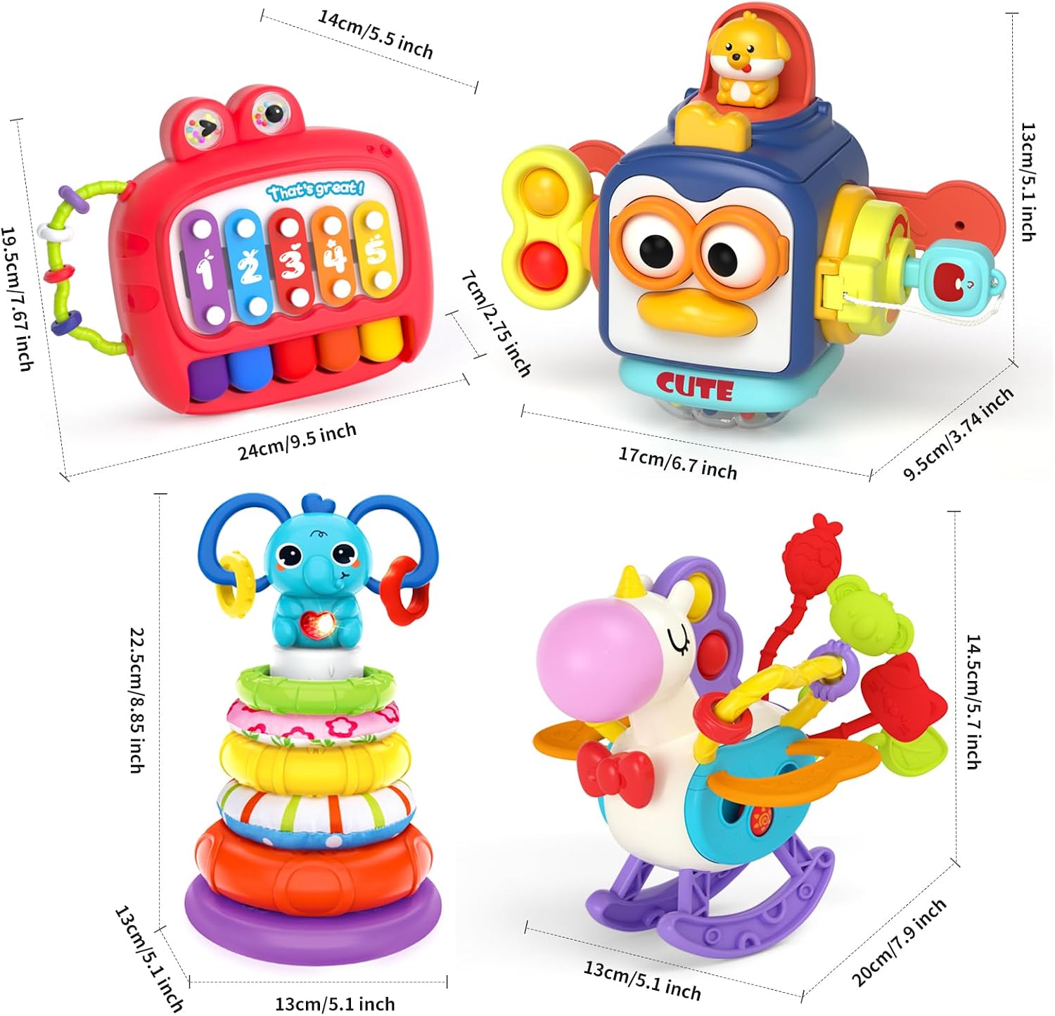Thumbnail 6 de usrela 4-in-1 Baby Toys for 6-12-18 Months: Busy Cube, Stacking Sorter, Piano Xylophone & Pull String Travel Toy