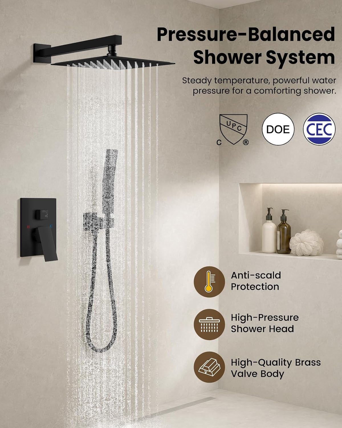 Detalle 2 de gotonovo B07R1WT8GH Shower Faucet Set, Matte Black, 10-Inch Rain Head