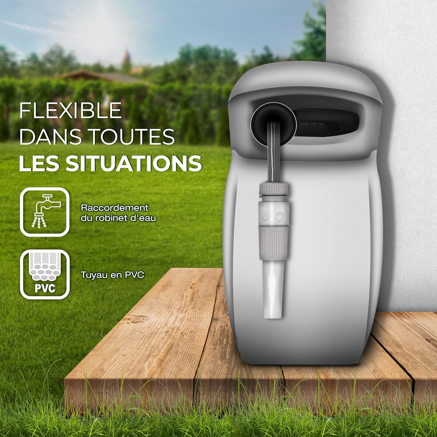 Thumbnail 5 de TRESKO enrouleur de tuyau d’arrosage mural 30 m en PVC – pivotant 180° avec enroulement automatique