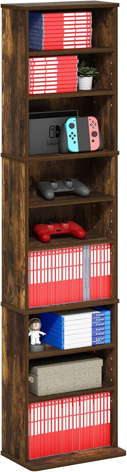 Detalle de Furinno Jaya DVD Shelf: 9-Shelf Tall Narrow Media Cabinet in Amber Oak