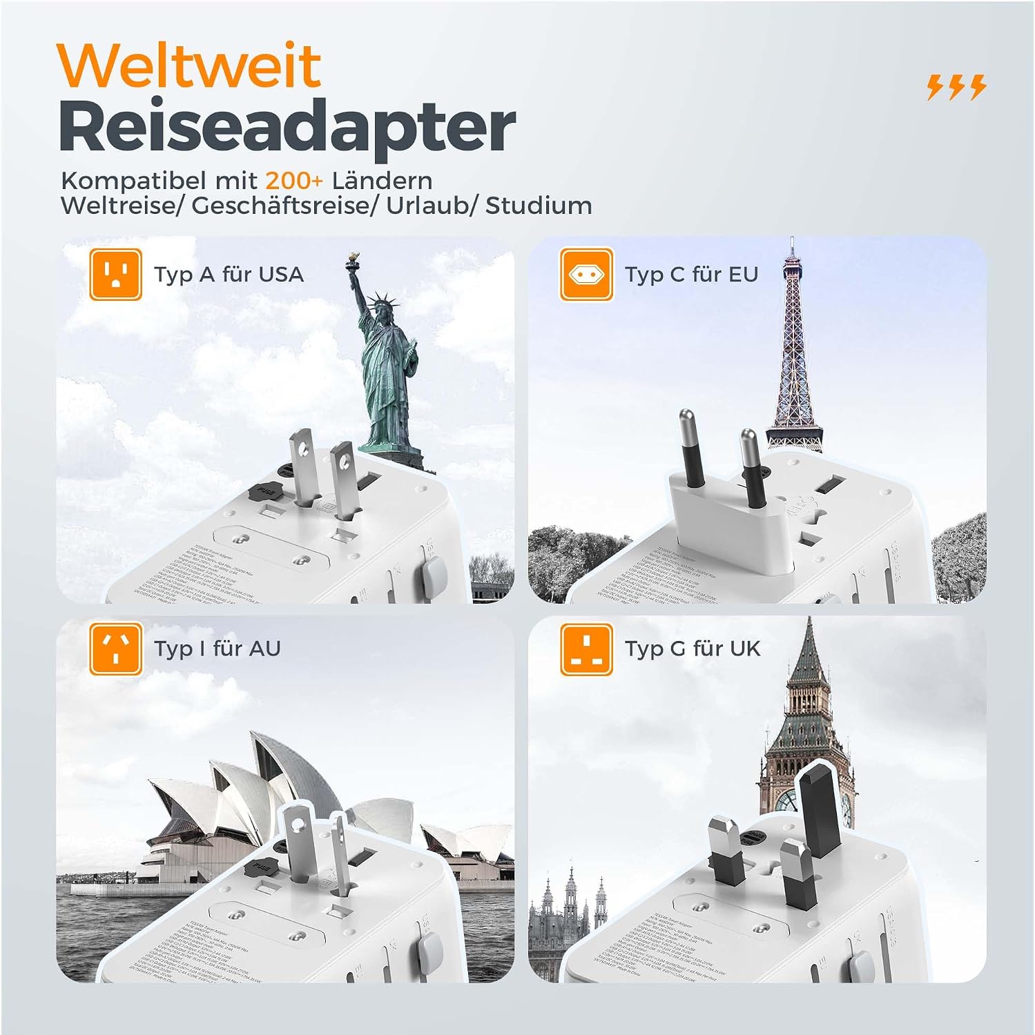 Detalle 2 de TESSAN Reiseadapter Weltweit mit einziehbarem USB-C Kabel PD 35 W – universeller Steckdosenadapter mit 4 USB und 1 AC Steckdose