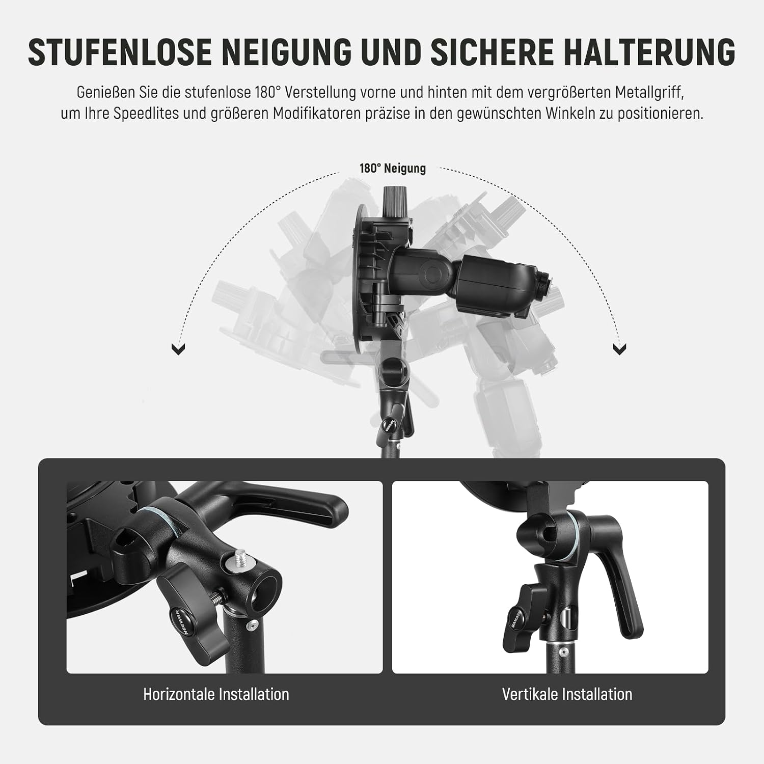 Detalle de NEEWER CRB1 S Speedlite-Halterung mit Bowens-Mount und Schirmloch (Typ S) für Studio- und Portrait-Blitz