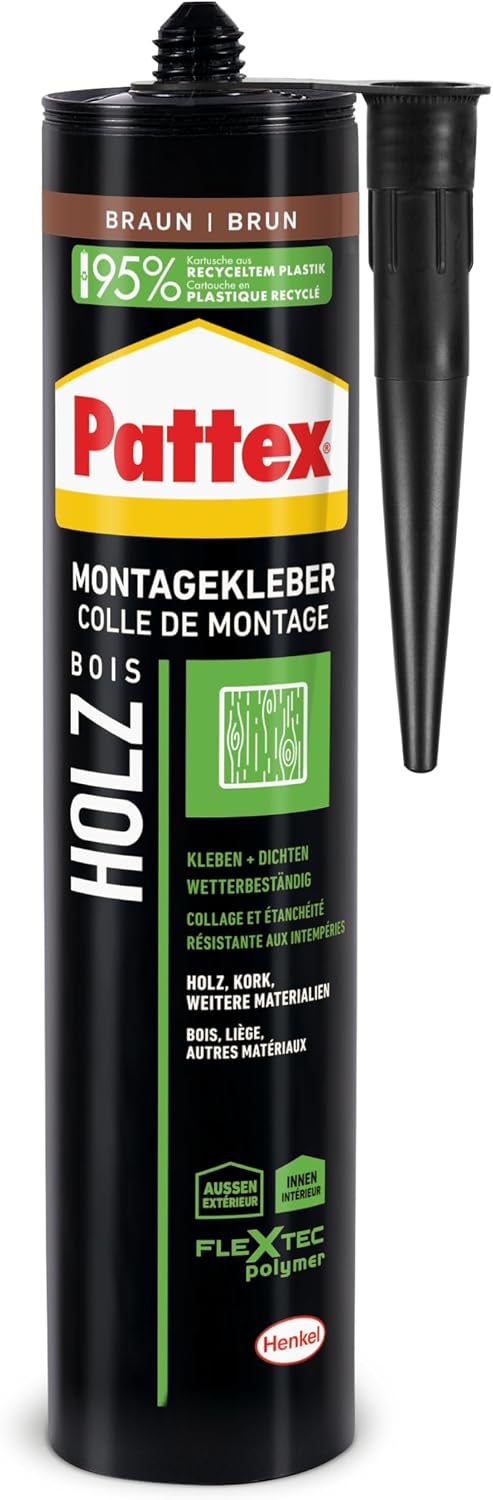 Detalle de Pattex Montage Holz (FlexTec), brauner Montagekleber für Holz und Holzwerkstoffe – wetterbeständig, 1x420 g Kartusche