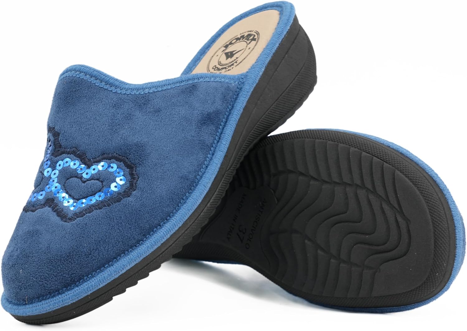 Detalle 2 de JOMIX damespantoffels met sleehak en hartpailletten, orthopedisch