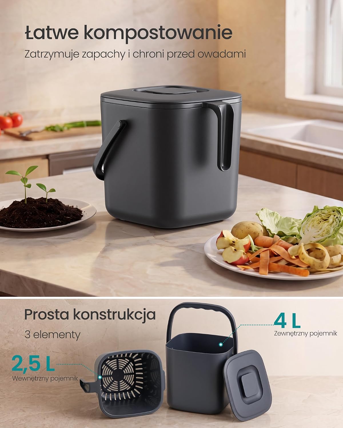 Detalle de SONGMICS LEOS LTB214GZ01 – kompostownik kuchenny 4 l z pokrywką