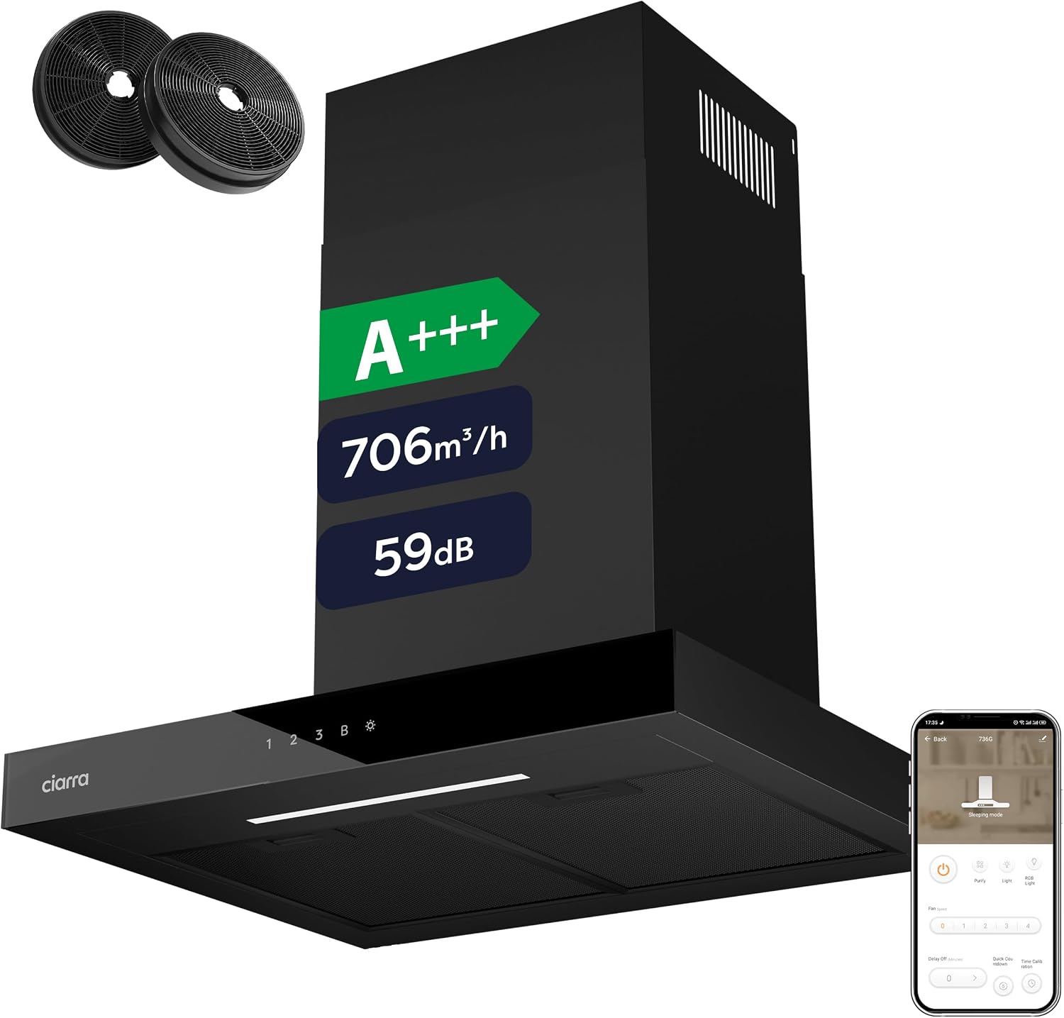 Detalle de CIARRA CBCB6102 Dunstabzugshaube 60 cm – A+++, WLAN App, SensorTouch, 706 m³/h, Schwarz