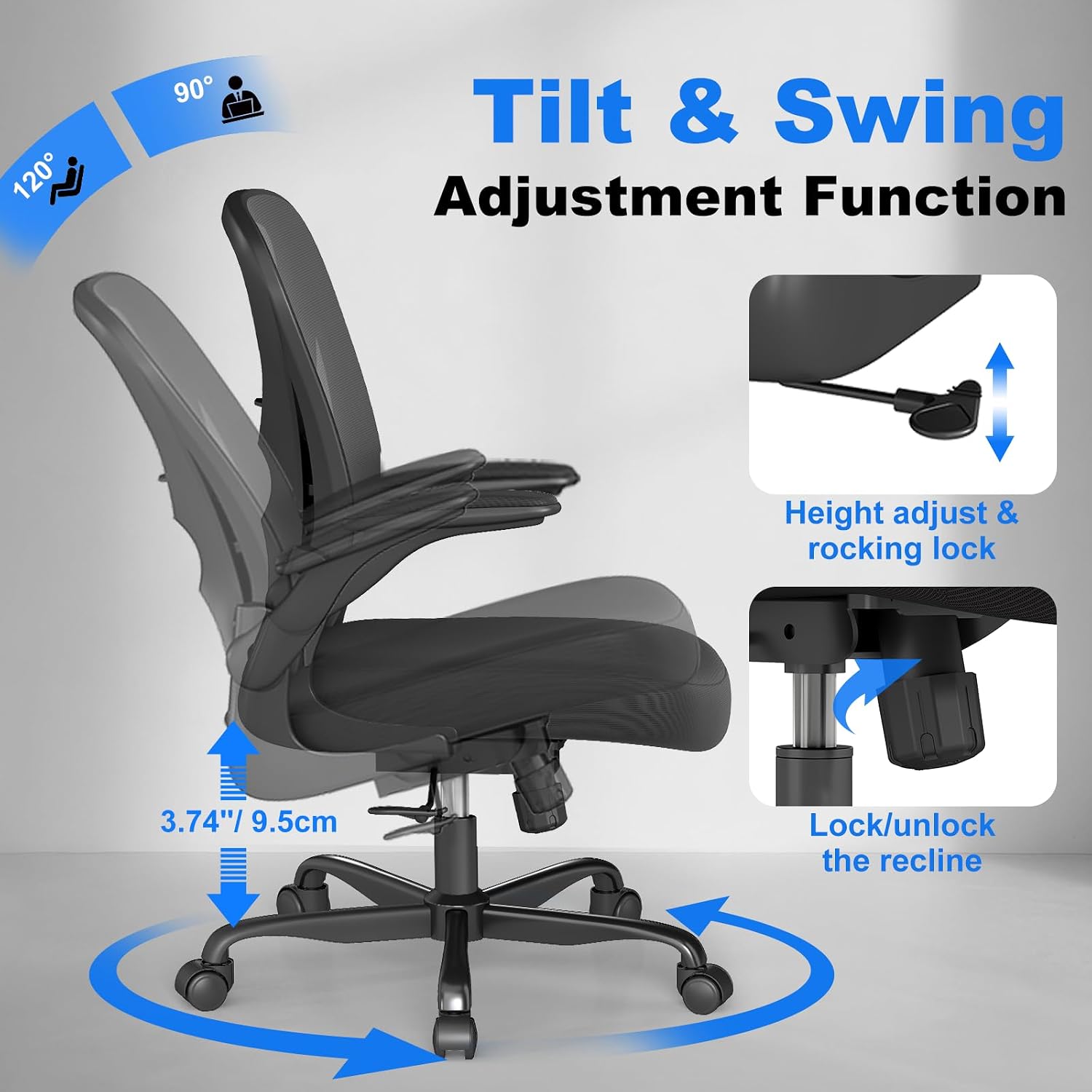 Thumbnail 5 de Keratee Ergonomic Office Chair with Adjustable Lumbar Support – 136 kg Capacity, Mesh Seat & Flip-Up Arms