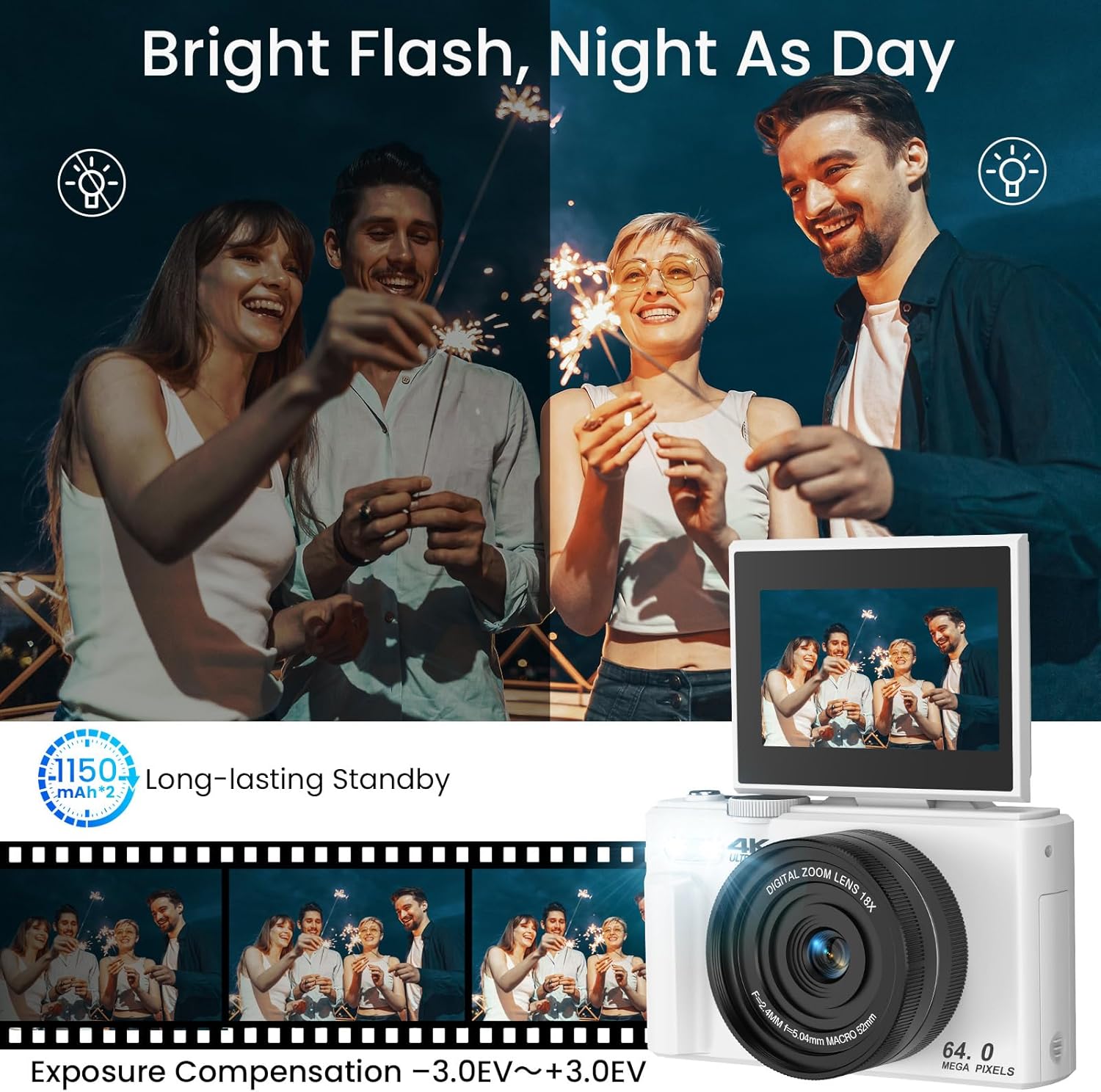 Thumbnail 5 de SOPPY 5K Digital Camera with WiFi Transfer, 75MP Vlogging, 18X Zoom & 3" Flip Screen (White)