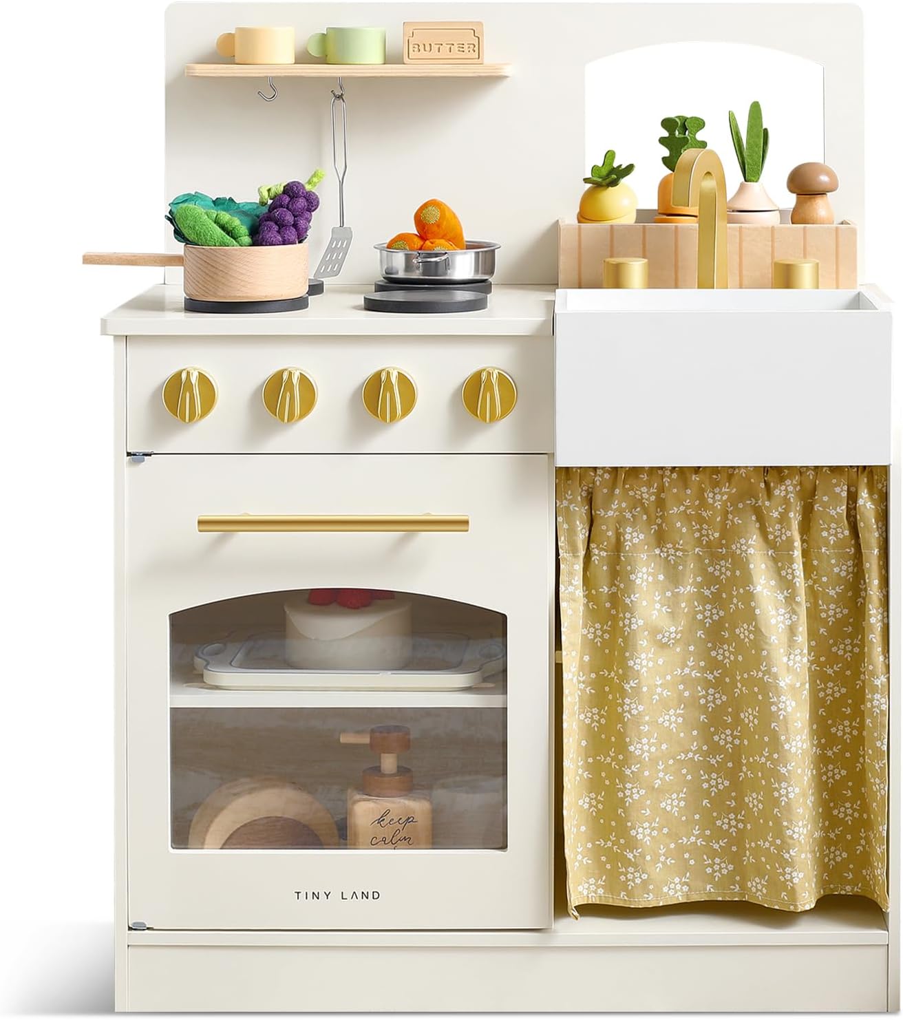 Tiny Land Wooden Play Kitchen for Toddlers – Compact Cream Pretend Play Set