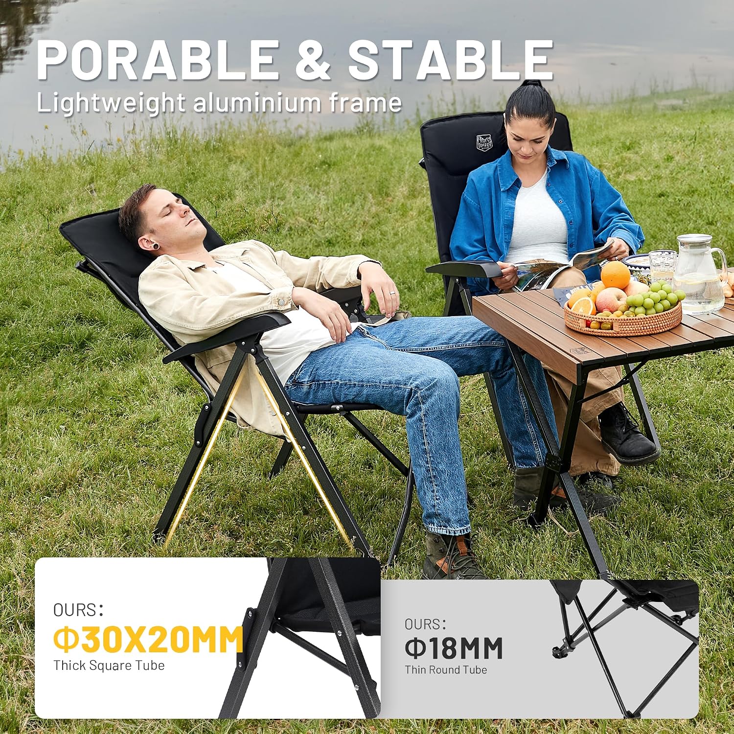 Detalle de TIMBER RIDGE Folding Camping Chairs (2-Pack) – Adjustable, Heavy-Duty High-Back Recliners for Outdoors