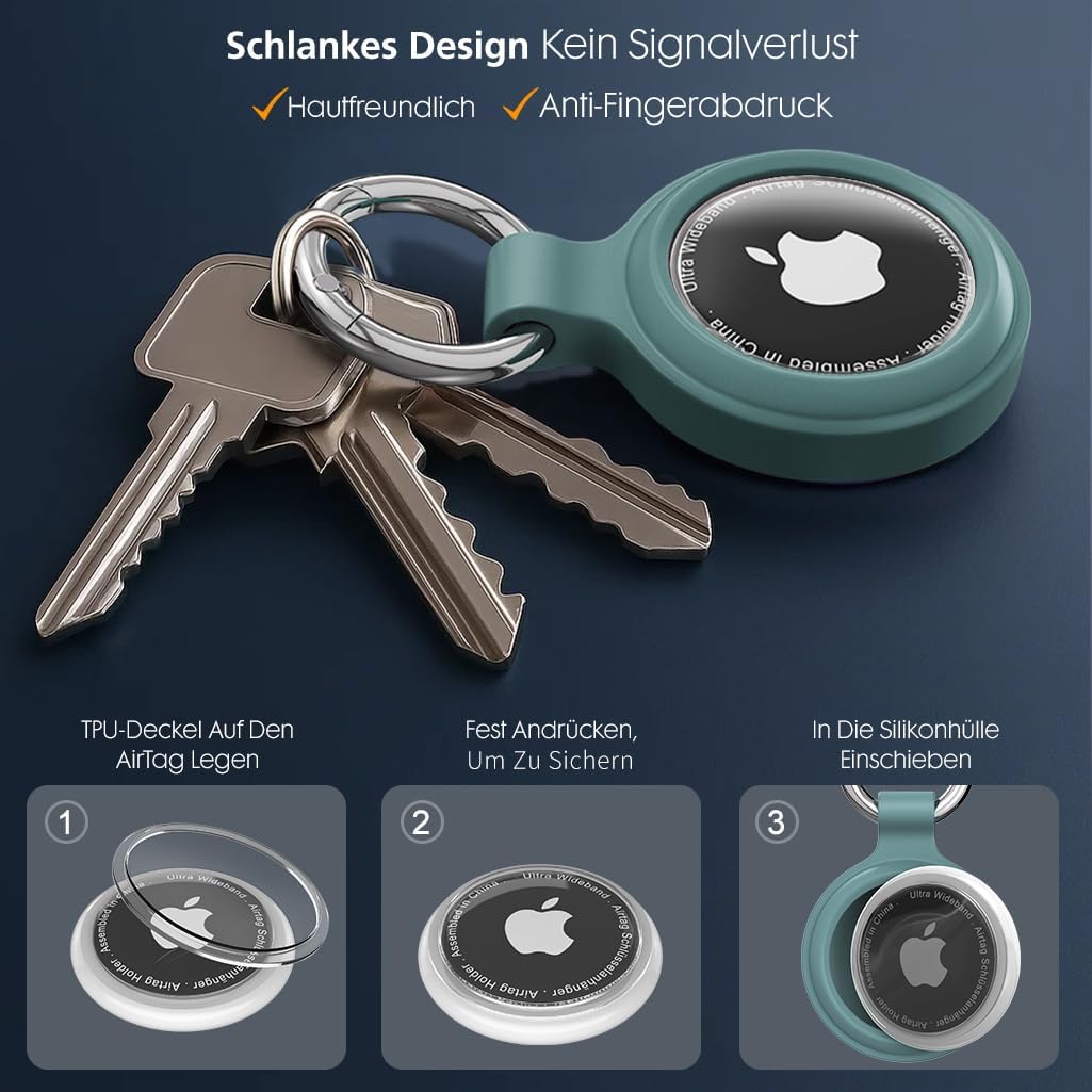 Detalle de AirTag-Schlüsselanhänger mit wasserdichter Hülle (4er-Set) – 360° stoßfester Rundumpanzer für Apple AirTag