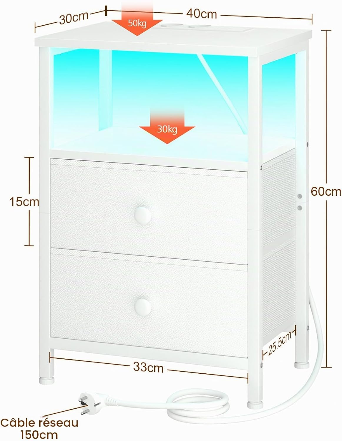 Detalle de AMHANCIBLE HETS02WT-1 LED-nachtkastje met RGB-leds, stopcontacten en stoffen laden
