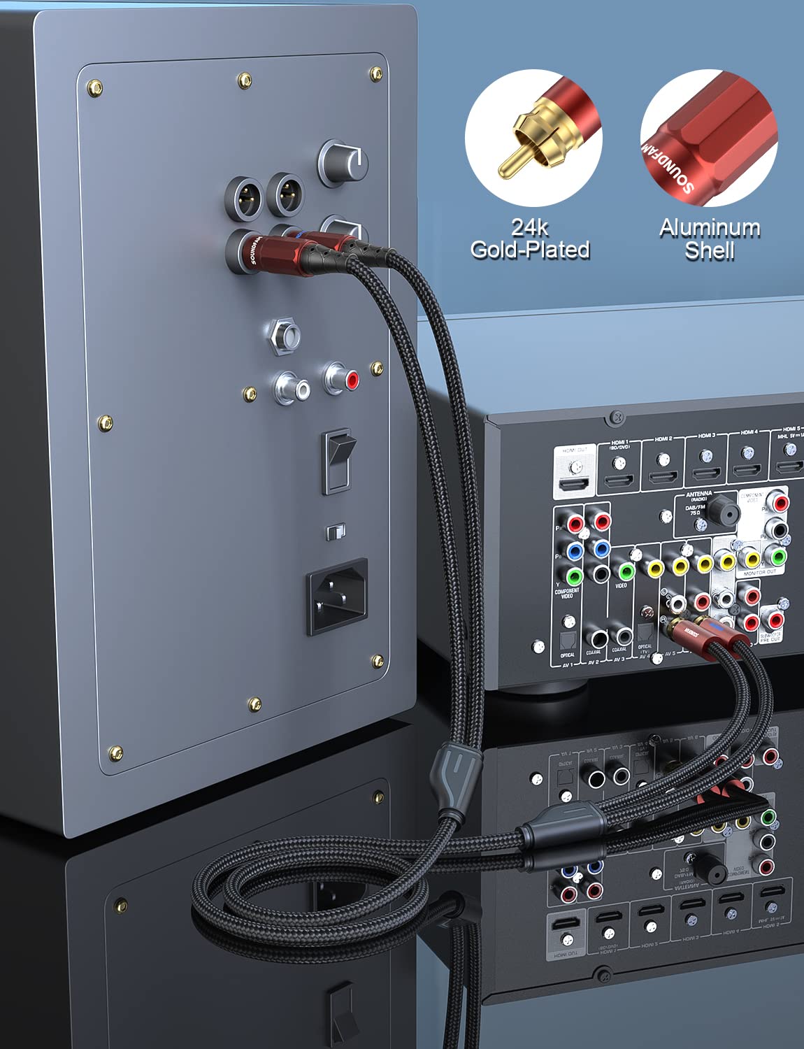 Detalle de SOUNDFAM Dual XLR to RCA Cable (3m) with Y-splitter and gold-plated connectors