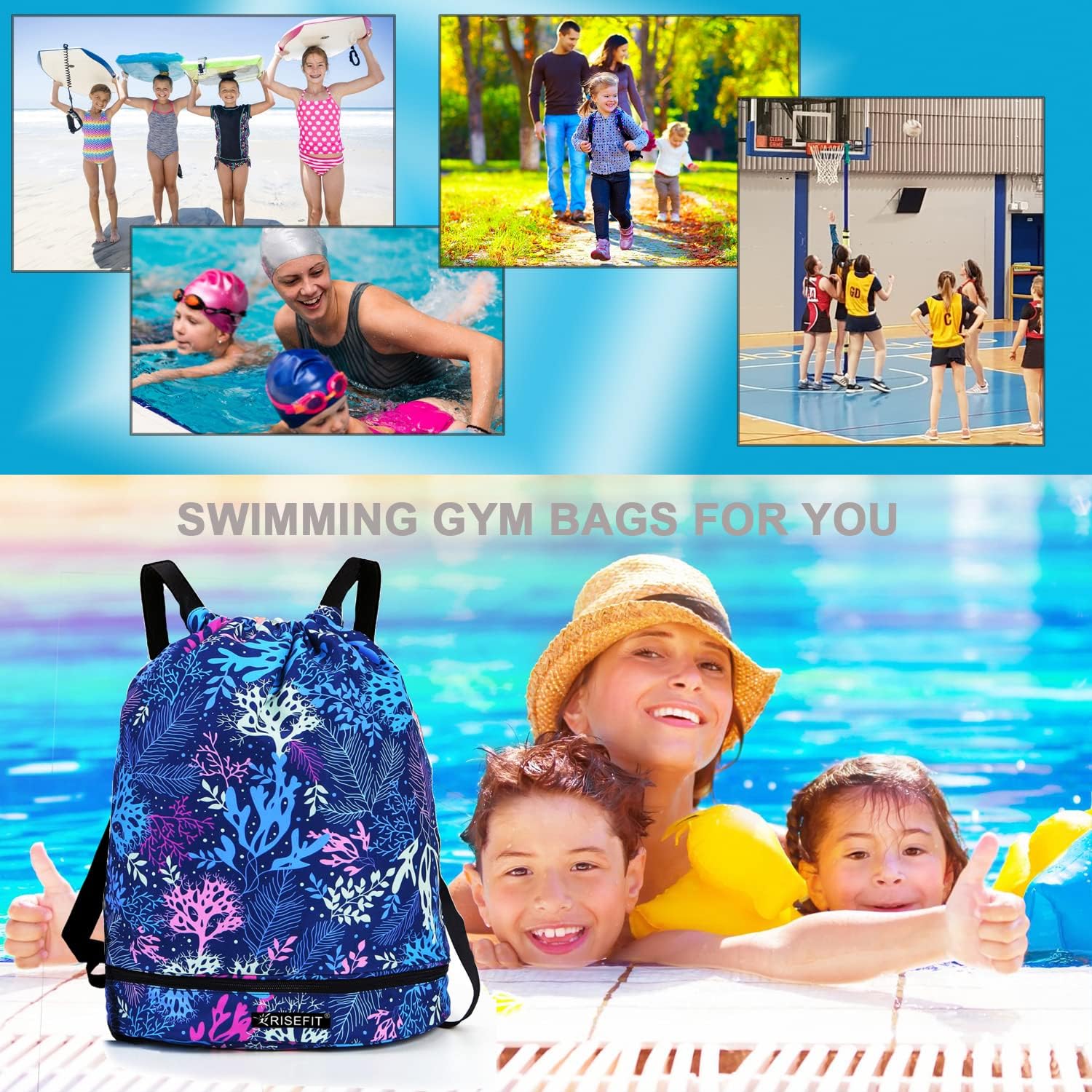 Detalle 2 de Risefit Waterproof Swimming Bags Drawstring Gym Bags for Adults & Kids