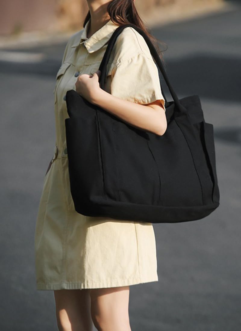 Detalle de Damen Große Canvas Tote Bag Shopper – Einfarbige Großtasche für Alltag, Schule und Reise