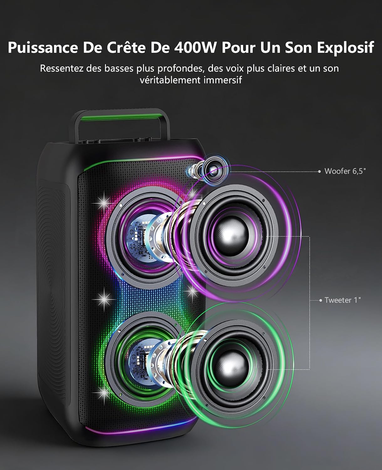 Detalle de GKD61 Machine de karaoké pour adultes avec 2 microphones UHF sans fil et enceinte Bluetooth portable