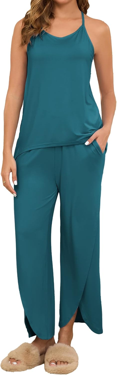 Detalle de Famulily women’s loungewear pyjama set with pockets – halter top & wide-leg split trousers (S–XXL)