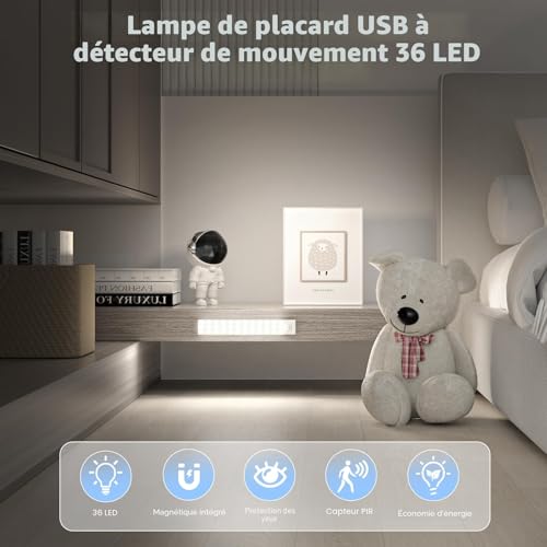 Detalle de OUILA Lampe d'Armoire 36 LEDs Rechargeable USB Sans Fil avec Détecteur de Mouvement – Pack 2