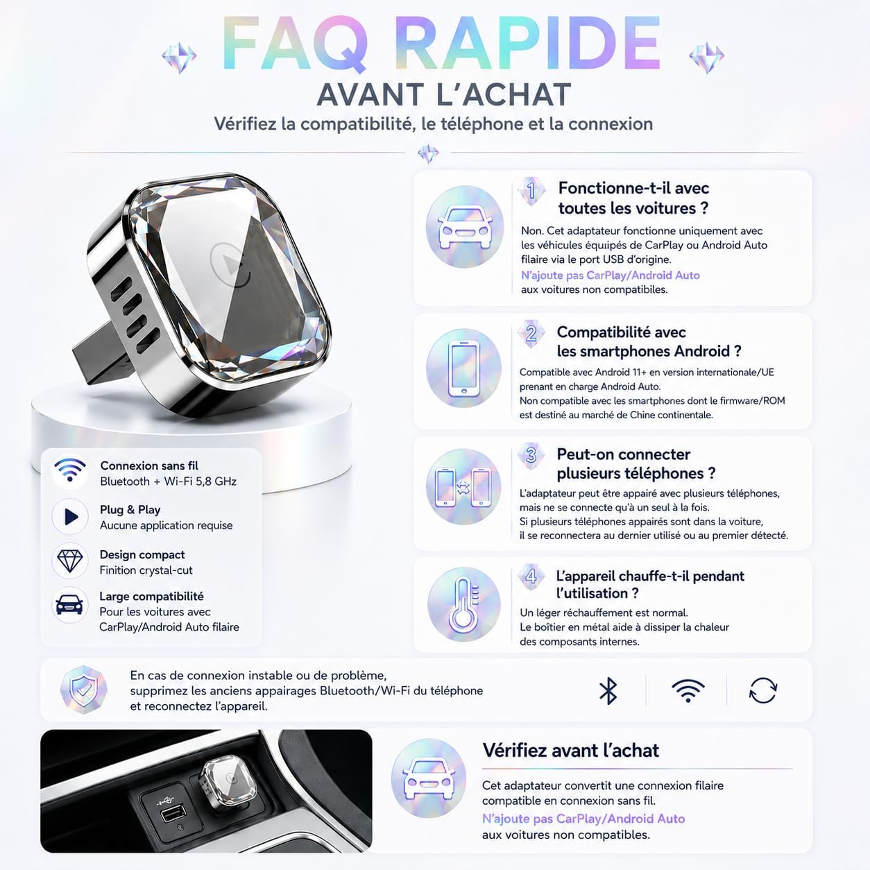 Thumbnail 5 de Pisendra Adaptateur CarPlay sans Fil et Android Auto 2-en-1 – Design Cristal et Connexion Ultra Stable
