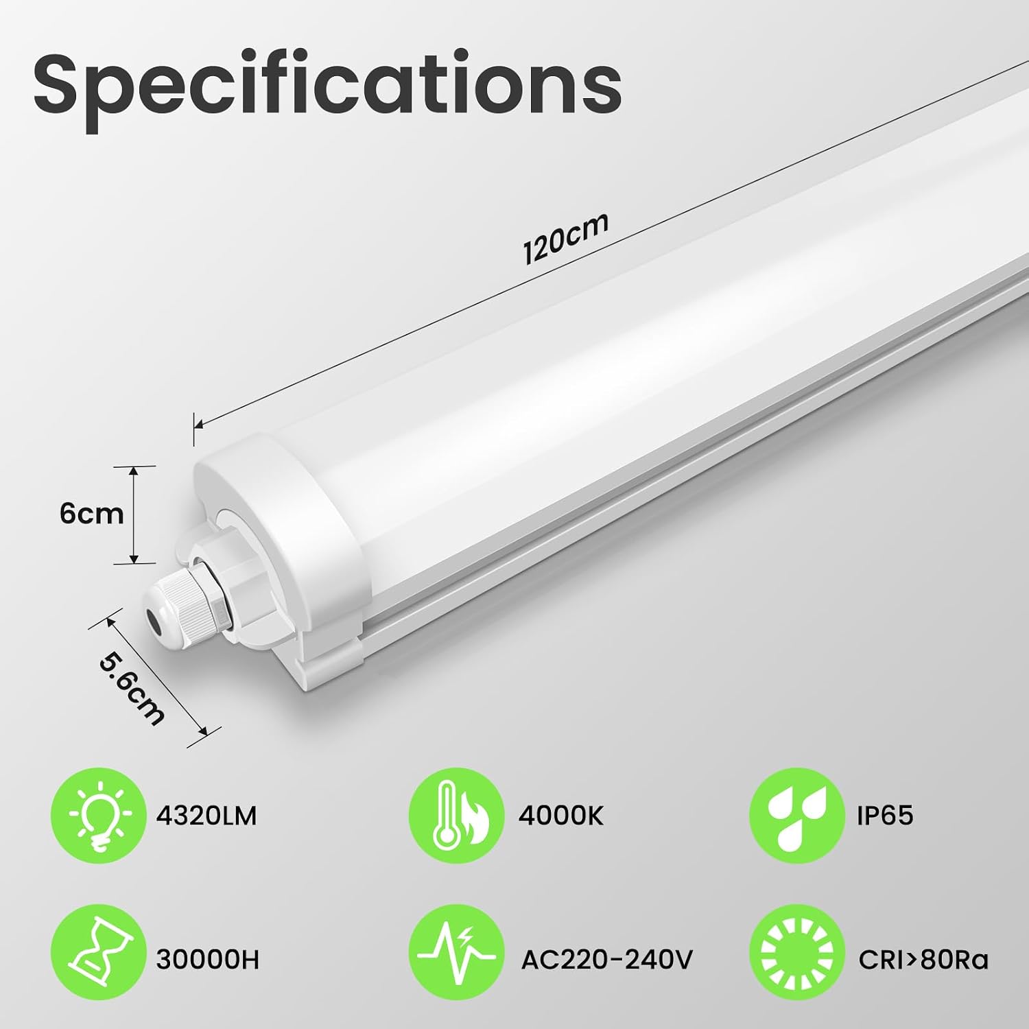 Detalle 2 de ALUSSO 2 Packs LED Batten Light 4FT 120CM – 36W, 4320LM, 4000K, IP65, Linkable Garage Lighting