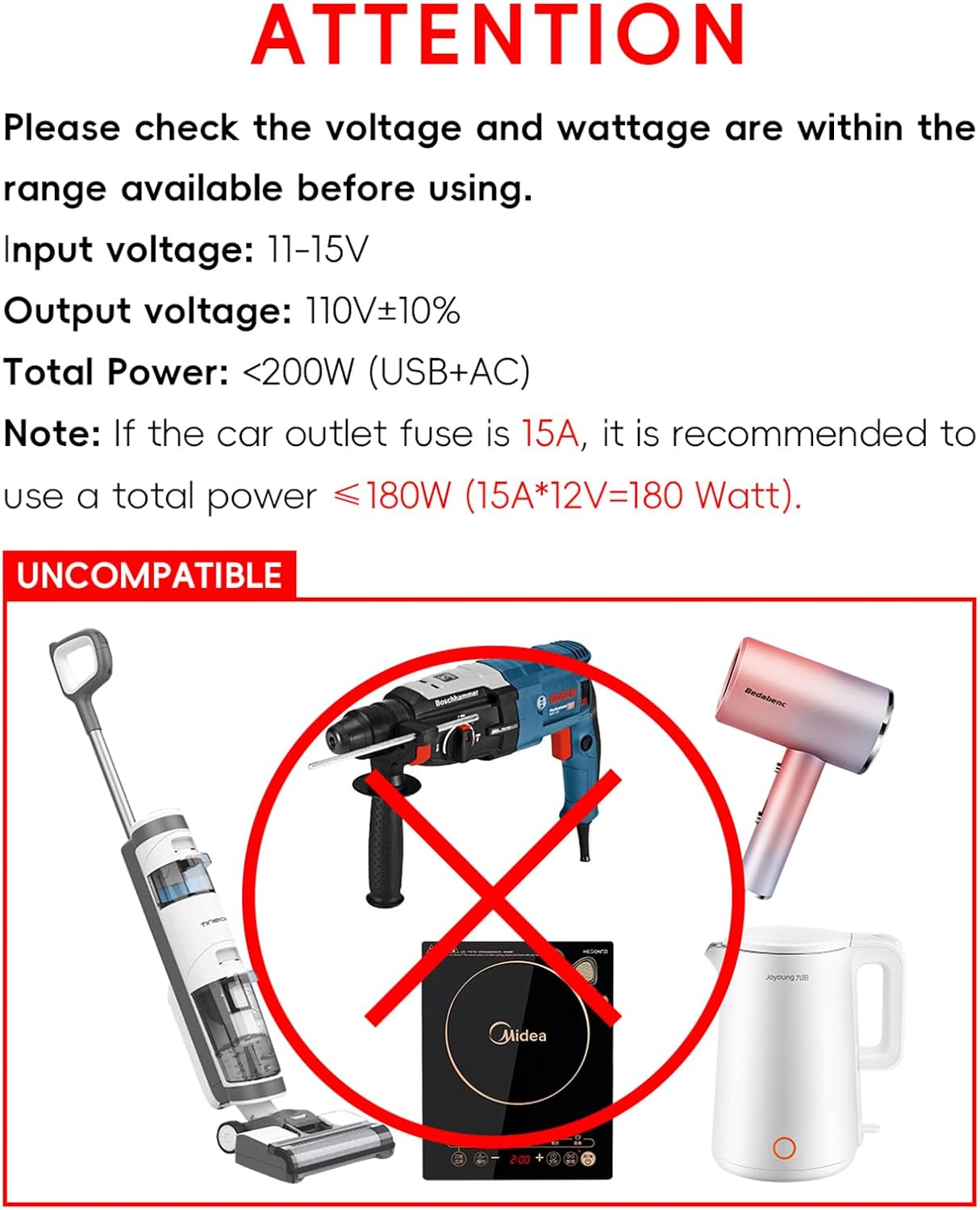 Thumbnail 6 de YSOLX 200W Car Power Inverter (12V to 110V) with 2 AC Outlets and 4 USB Fast Charging