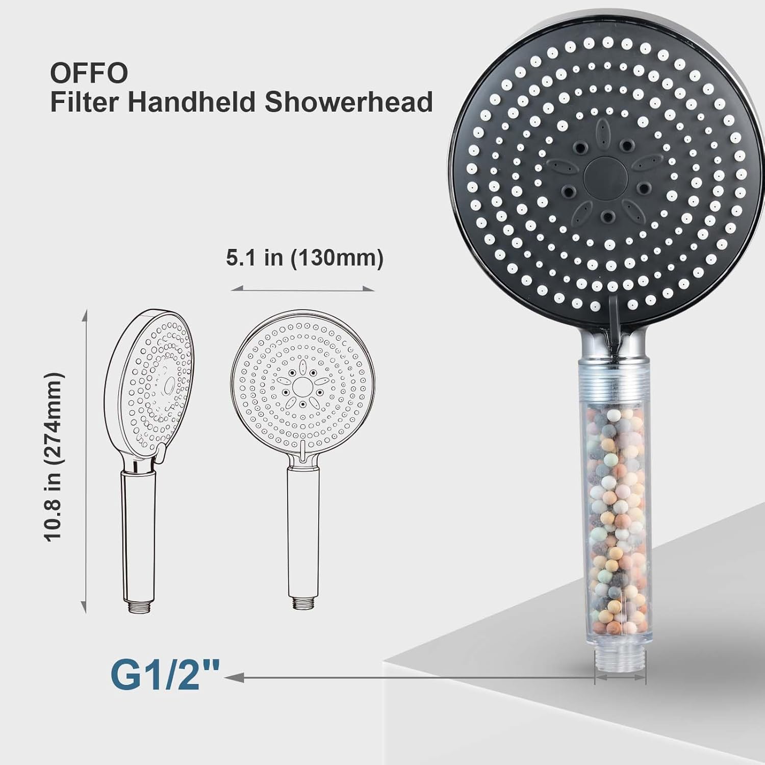 Thumbnail 4 de OFFO High Pressure Filtered Shower Head with 20-Stage Filter (6 Spray Modes) – Grey