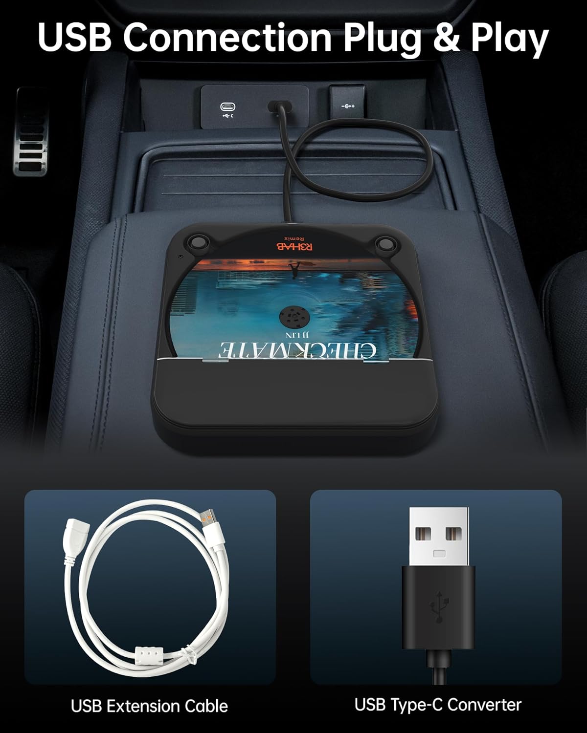 Thumbnail 3 de ENVYCLOUD Portable Car CD Player with USB/AUX (External CD Player with Type-C Adapter, Black)