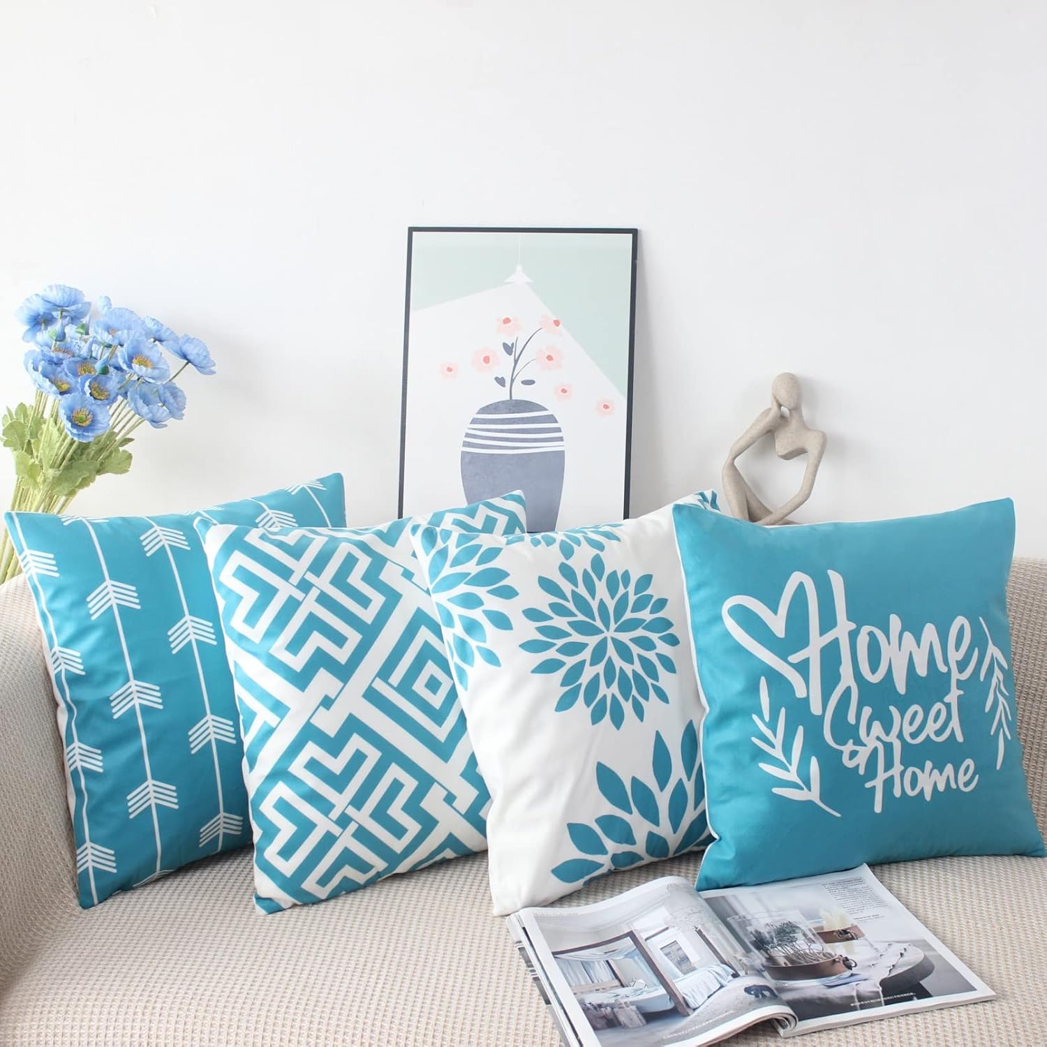 Thumbnail 3 de NIULAA Weiche Kissenbezüge 45x45 cm Türkis im 4er-Set (Veloursoptik, verdeckter Reißverschluss)