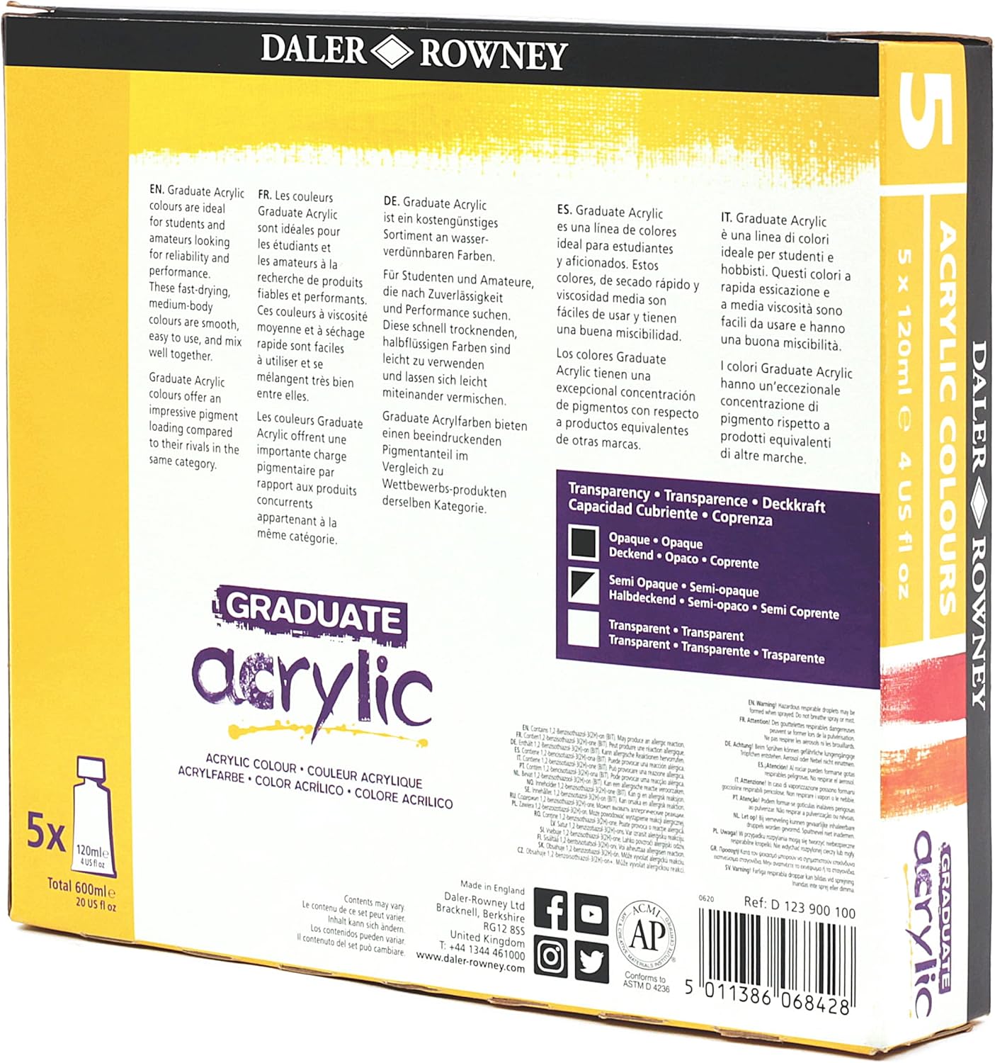 Detalle 2 de Daler Rowney GRADUATE Acrylic Starterset 5x120 ml – Primärfarben, Schwarz und Titanweiß