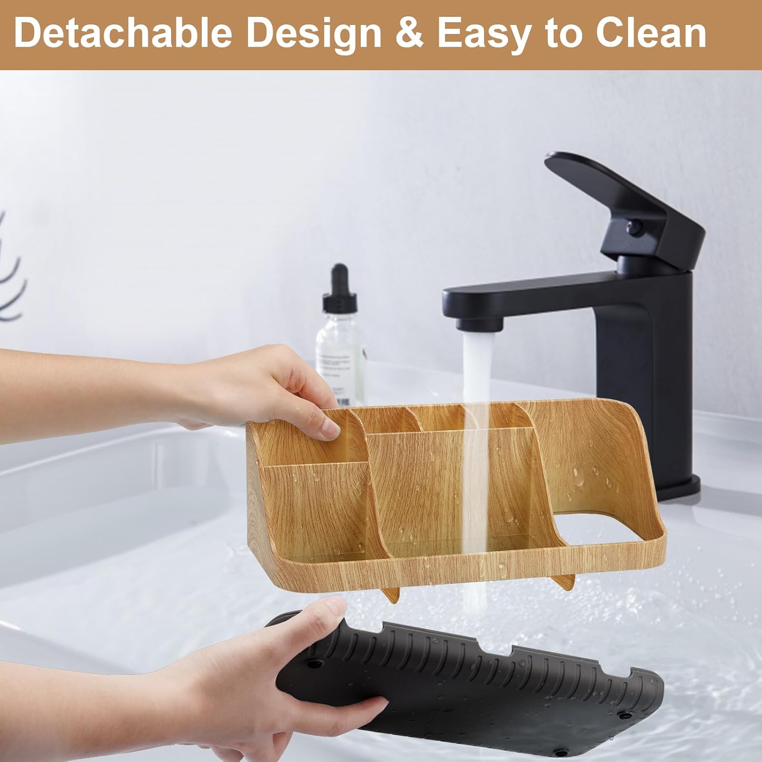 Detalle de GFWARE Bathroom Countertop Organizer, 7-Slot Woodgrain Toothbrush Holder