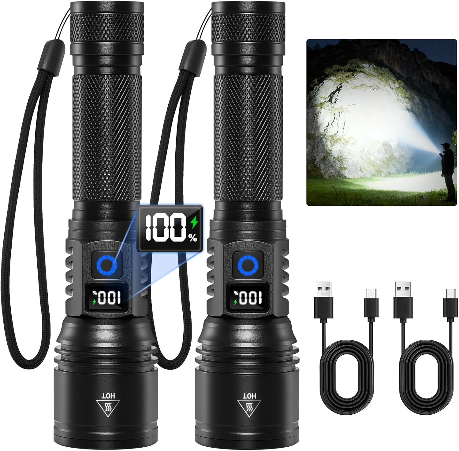 Rechargeable Flashlights High Lumens 2-Pack (5 Modes) with LCD Power Display, Type-C Charging, Tactical Focus Beam