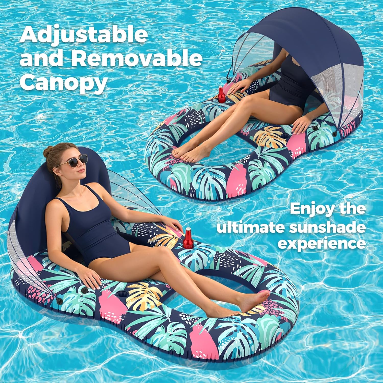 Detalle de POVRYE Pool Floats Adult with UPF 50+ Sunshade Canopy – Wide, Comfy Lounger with Cup Holders