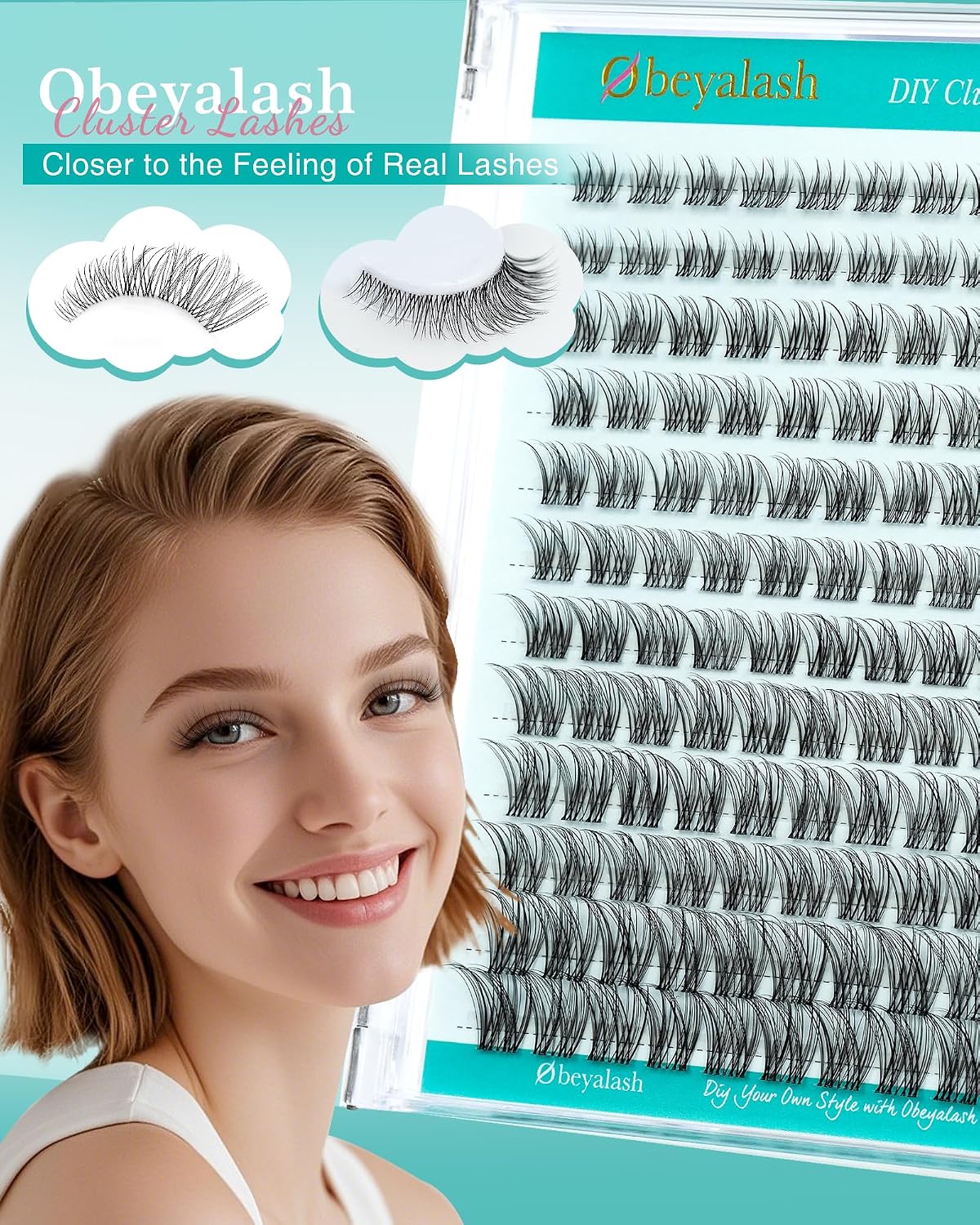 Detalle de Obeyalash Lash Cluster Extensions (C Curl, 8-16 Mix) „Natural Look“ für Cat-Eye – 120 Stück, Clear Band, DIY