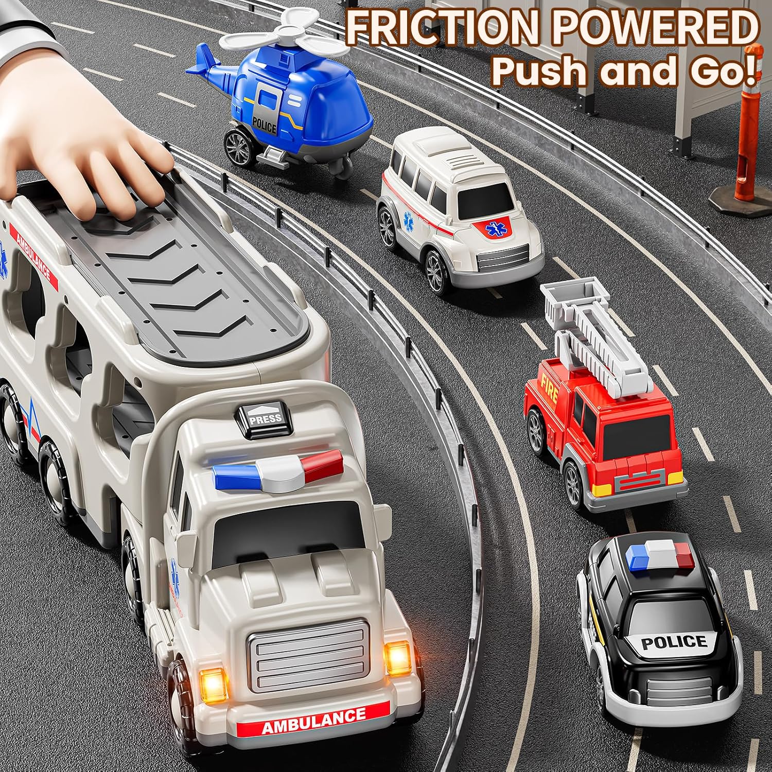 Detalle 2 de JUKUDAHU 5-in-1 Play Ambulance Vehicle Set (Friction-Powered Police, Fire, Ambulance + Helicopter)