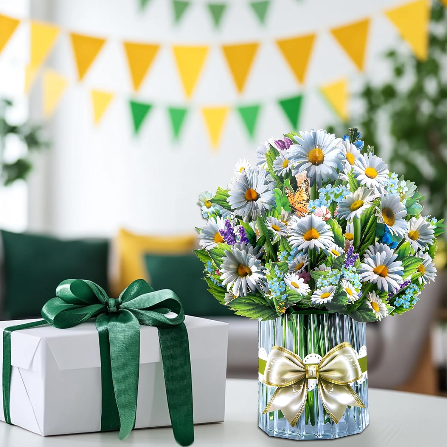 Detalle 2 de Gänseblümchen Big Pop Up Karte – 33 cm Blumenstrauß mit leerer Notizkarte und Umschlägen