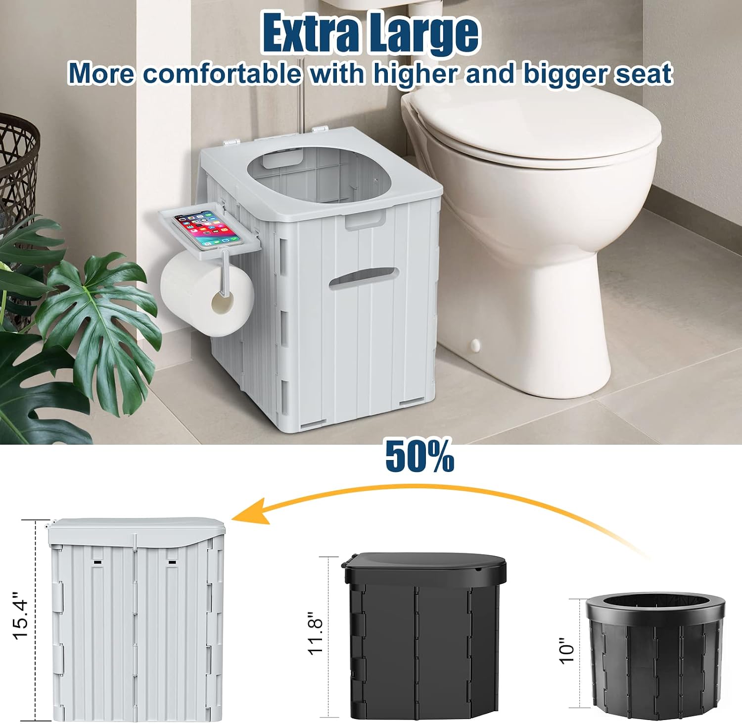 Thumbnail 6 de WADEO OD0558-P XXXL draagbaar toilet met deksel, telefoon- en toiletrolhouder