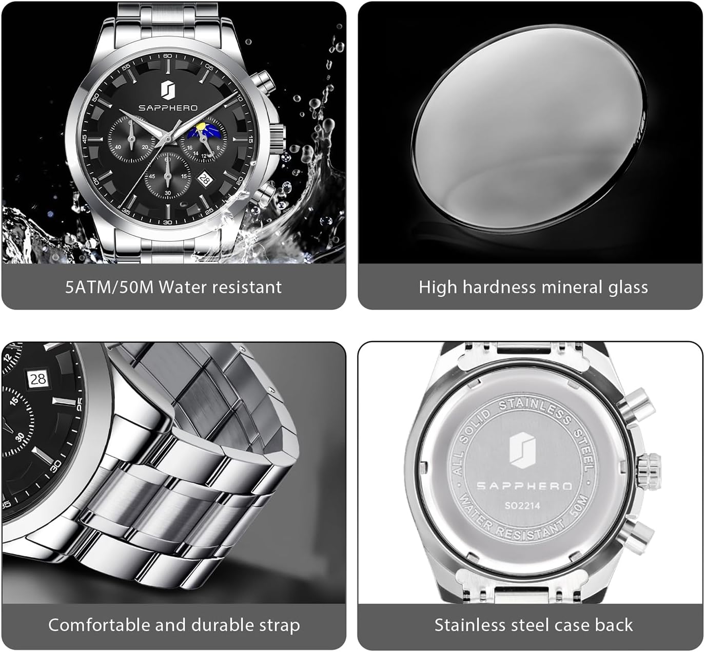 Detalle de BENYAR by Montre Homme chronographe étanche avec calendrier, bracelet cuir/acier inoxydable